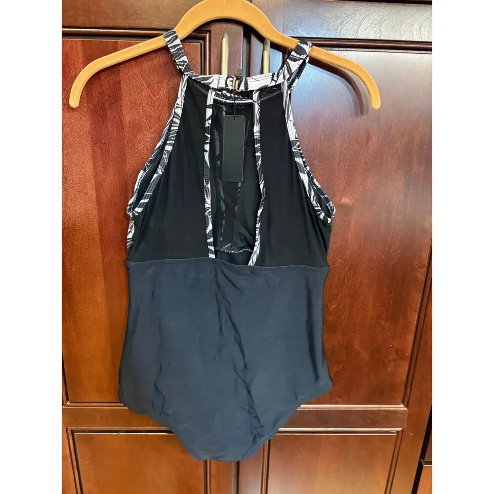 Tempt Me Black White One Piece High Neck Tummy Control Bathing Suit Size M NWT - Picture 4 of 16